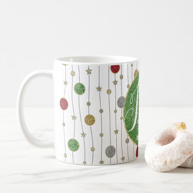 Weihnachts-Tasse 11 oz. "Ornamente und Sterne" Kaffeetasse (Mit Donut)