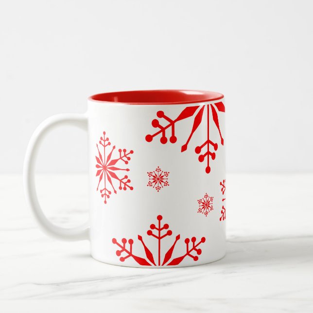 Weihnachts-Tasse mit Schneeflocken in Rot. Zweifarbige Tasse (Links)
