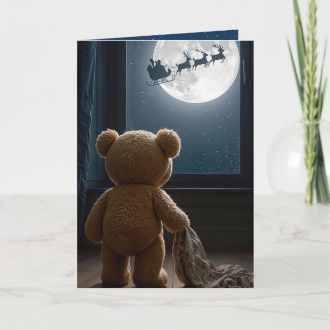 Weihnachts-Teddybär beobachtet den Weihnachtsmann Karte (Vorderseite)