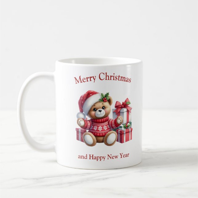 Weihnachts-Teddybär mit Geschenken und Mistleton Kaffeetasse (Links)