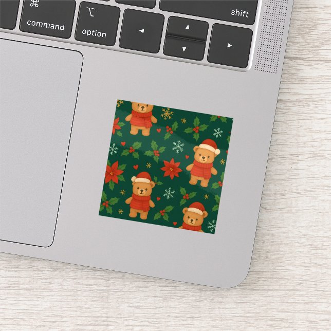 Weihnachts-Teddybär-Muster – Hübsches grünes Weihn Aufkleber (Ausschnitt)