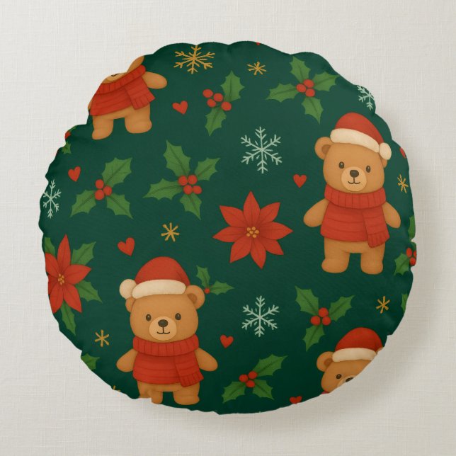 Weihnachts-Teddybär-Muster – Hübsches grünes Weihn Rundes Kissen (Vorderseite)