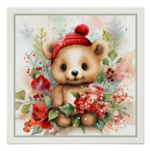 Weihnachts-Teddybär-Mütze Faux-Matte rahmenfertig Poster