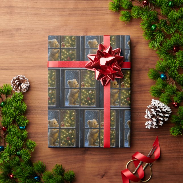 Weihnachts-Teddybär schmückt einen Baum Geschenkpapier (Feiertagsgeschenk)