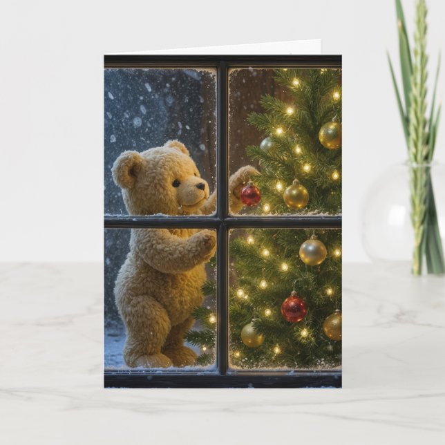 Weihnachts-Teddybär schmückt einen Baum Karte (Vorderseite)