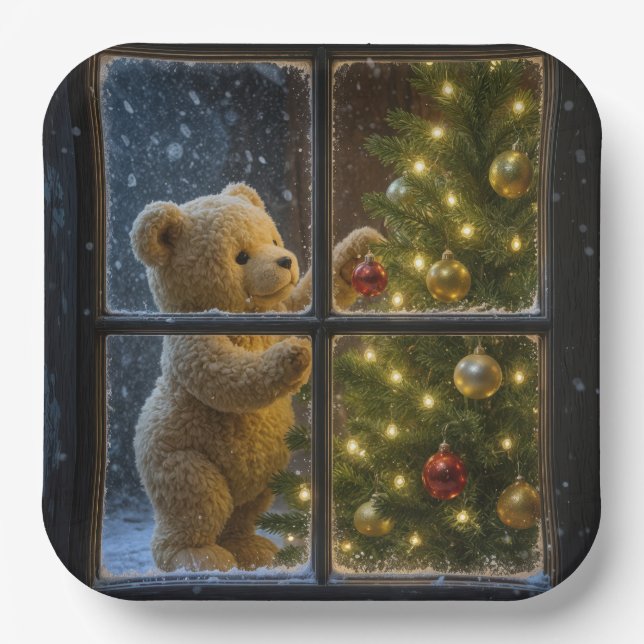 Weihnachts-Teddybär schmückt einen Baum Pappteller (Vorderseite)