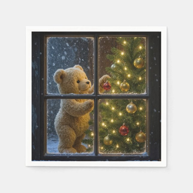 Weihnachts-Teddybär schmückt einen Baum Serviette (Vorderseite)