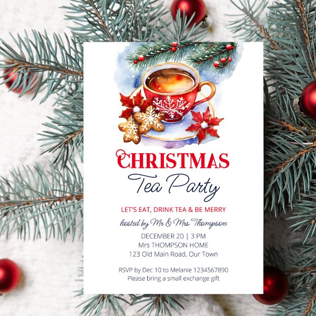 Weihnachts-Tee-Party Einladung (Christmas tea party editable template invitation digital download watercolor tea cup pines cookies)