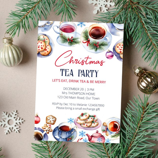 Weihnachts-Tee-Party Einladung (Christmas tea party template invitation instant download watercolor tea cups and sauces cookies snow)