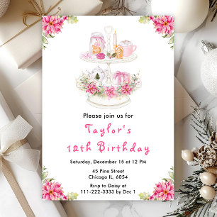 Weihnachts-Teeparty zum Geburtstag in Rosa Einladung