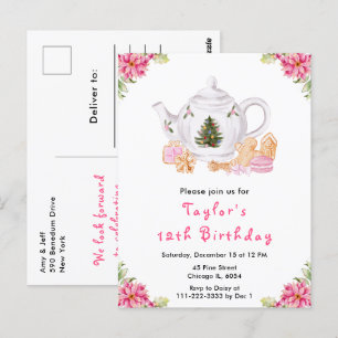 Weihnachts-Teeparty zum Geburtstag in Rosa Postkarte