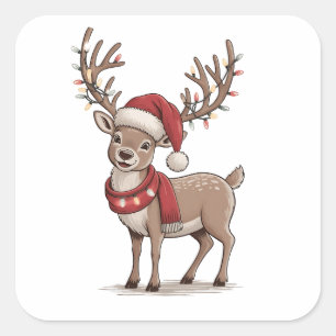 Weihnachts-Tier Hirsch Santa Hut Xmas Quadratischer Aufkleber