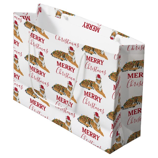 Weihnachts-Tiger Funny Animal mit Weihnachtsmannmü Große Geschenktüte (Vorderseite Schrägansicht)