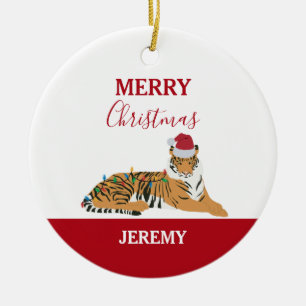 Weihnachts Tiger Funny Animal mit Weihnachtsmannmü Keramik Ornament