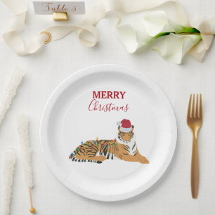 Weihnachts-Tiger Funny Animal mit Weihnachtsmannmü Pappteller