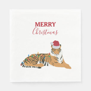 Weihnachts-Tiger Funny Animal mit Weihnachtsmannmü Serviette