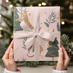 Weihnachts Tiger mit Weihnachtsbaum Pink Geschenkpapier