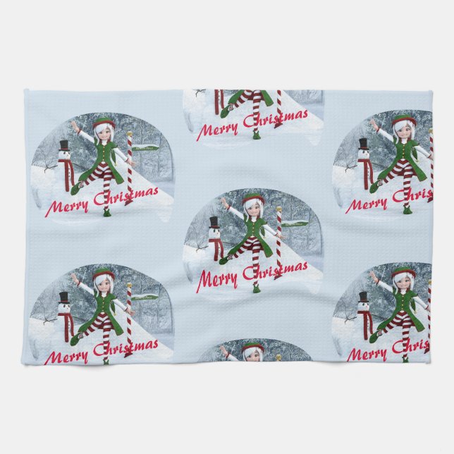 Weihnachts-Toon-Girl im Winterwald Geschirrtuch (Horizontal)