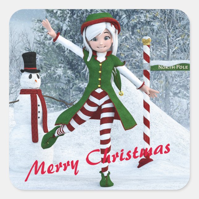 Weihnachts-Toon-Girl im Winterwald Quadratischer Aufkleber (Vorderseite)