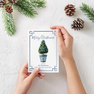 Weihnachts-Topiary-Baum Blau und Weiß Feiertagskarte