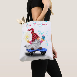 Weihnachts-Tote-Beutel Skater Gnome mit Geschenken