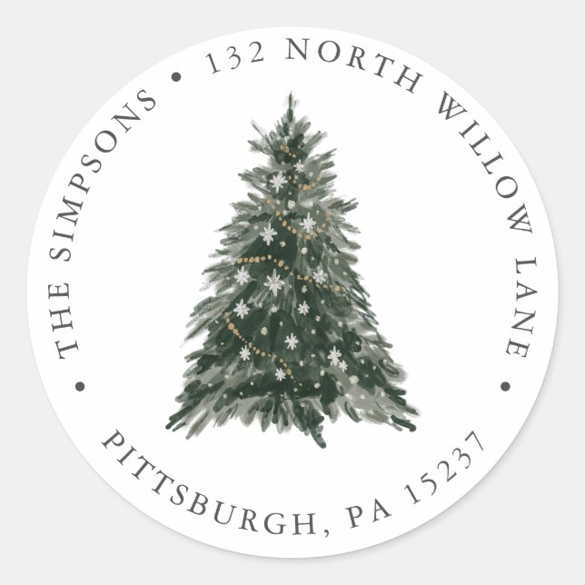 Weihnachts-Tre-Rücksendeadresse Klassischer Rundau Runder Aufkleber (Vorderseite)