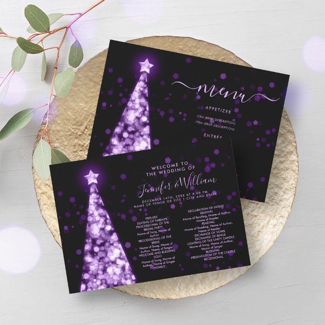 Weihnachts-Tree Lila Hochzeitsprogramm Einladung (Festive Xmas Tree Purple Wedding Menu Program)