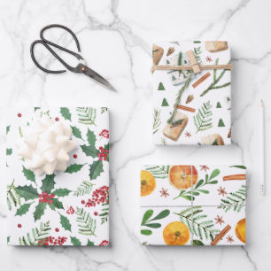 Weihnachts-Trio - Orangen, Holly Berries und Gesch Geschenkpapier Set