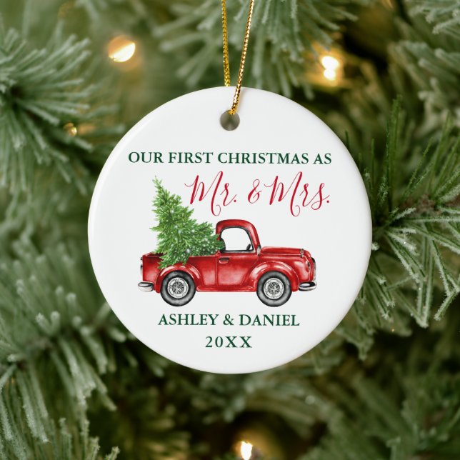 Weihnachts-Truck-Kalligrafie Mr. Red Green Keramik Ornament (Baum)