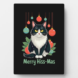 Weihnachts-Tuxedo-Katze mit festlichen Dekoratione Fotoplatte