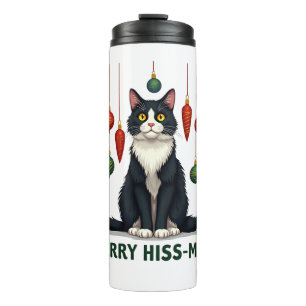 Weihnachts-Tuxedo-Katze mit festlichen Dekoratione Thermosbecher