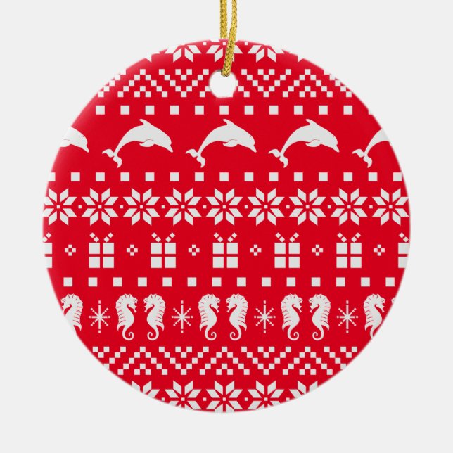 Weihnachts Ugly Sweater Delphine und Seepferde Keramik Ornament (Vorne)
