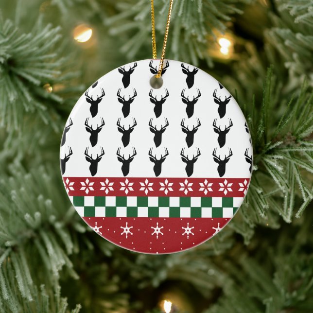 Weihnachts Ugly Sweater Muster Snowflake Hirsch Keramik Ornament (Baum)