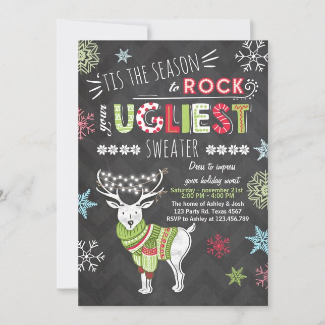 Weihnachts Ugly Sweater Party Chalkboard rot Einladung (Vorderseite)