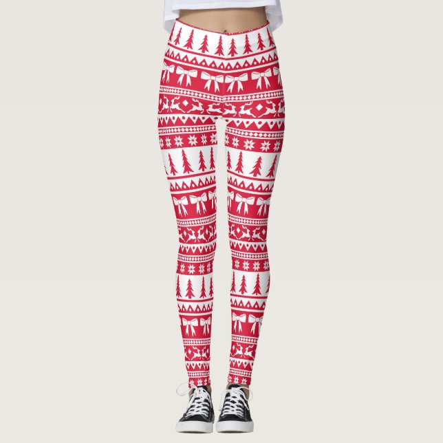 Weihnachts Ugly Sweater Strick Muster in Rot & Wei Leggings (Vorderseite)