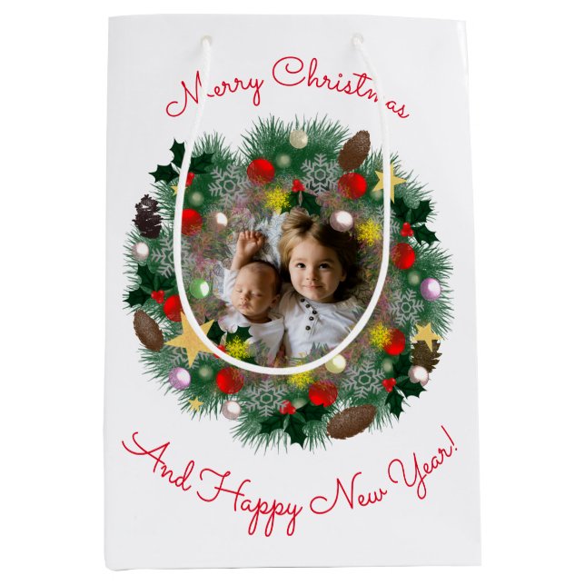 Weihnachts- und Neujahrsgrüße, Foto in einer Krone Mittlere Geschenktüte (Vorderseite)