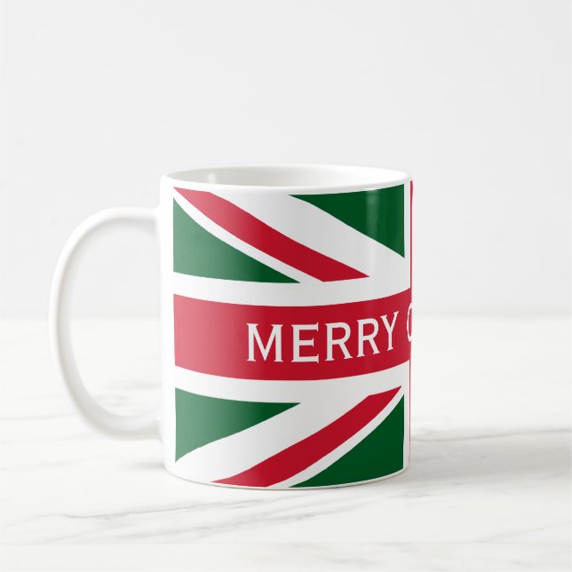 Weihnachts-Union-Jack ~ Rot, Grün und Weiß Kaffeetasse (Links)