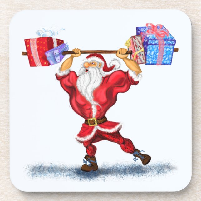 Weihnachts-Untersetzer Bodybuilder Santa mit Gesch Getränkeuntersetzer (Vorderseite)