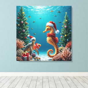 Weihnachts-Unterwasser-Seepferd und Schildkröte Leinwanddruck