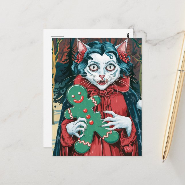 Weihnachts Vampire Kitty mit grünem Lebkuchen Postkarte (Vorderseite/Rückseite Beispiel)