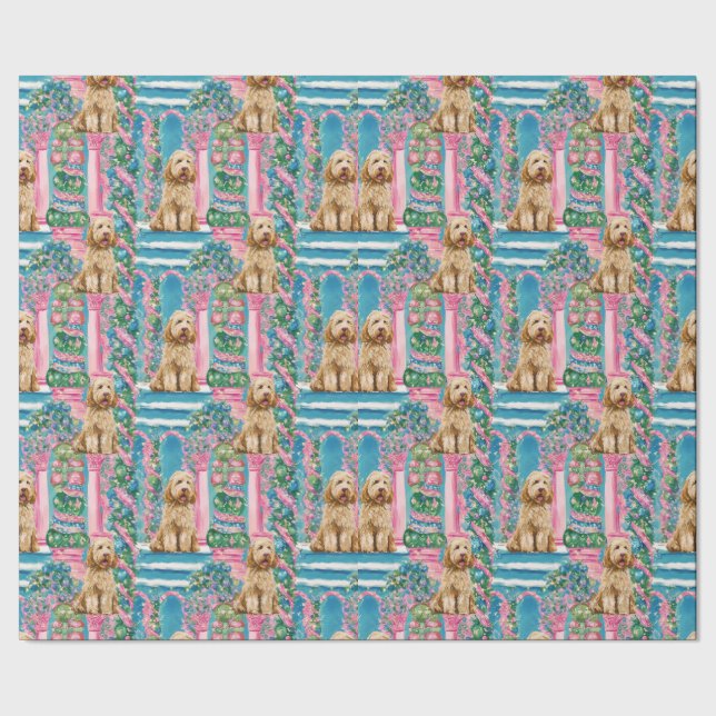 Weihnachts-Vignette Goldendoodle Geschenkpapier (Saum)
