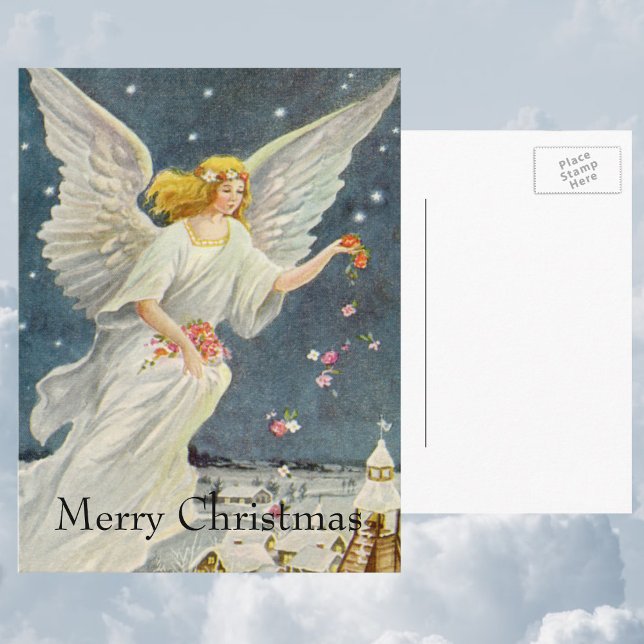 Weihnachts-Viktorianischer Engel mit Sternen Rose Feiertagspostkarte (Von Creator hochgeladen)