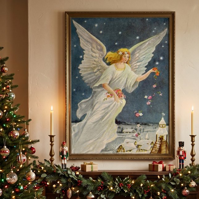 Weihnachts-Viktorianischer Engel mit Sternen Rose Poster (Vintage illustration religious Christmas image featuring a Victorian angel sprinkling flower petals.)