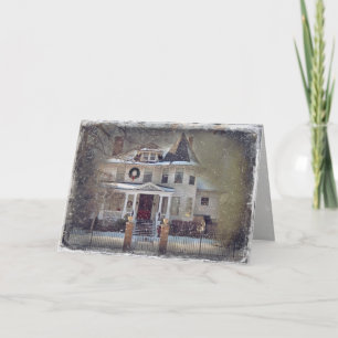 Weihnachts-Viktorianisches Haus im Schnee Feiertagskarte
