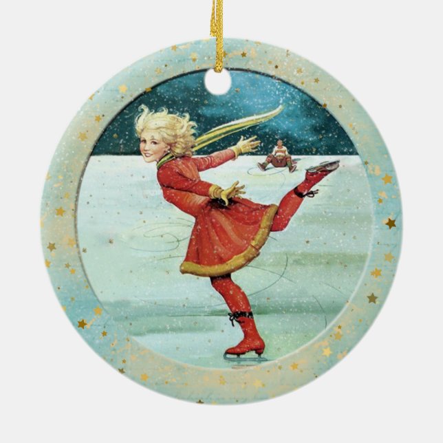 Weihnachts-Vintag-Ice-Skater Keramik Ornament (Hinten)