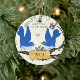 Weihnachts-Vintage Bluebirts auf Holzkörnchen Keramikornament