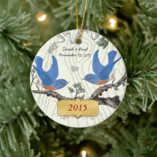 Weihnachts-Vintage Bluebirts auf Holzkörnchen Keramikornament