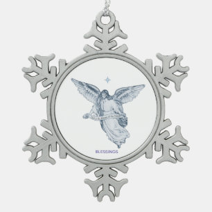Weihnachts-Vintage-Engel mit Nachricht auf Weiß Schneeflocken Zinn-Ornament