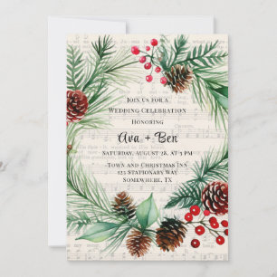 Weihnachts Vintage Musik Red Berry Wreath Wedding Einladung