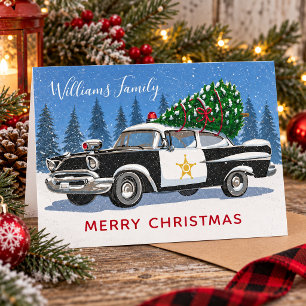 Weihnachts-Vintage-Polizeiauto-Baum-Monogramm-Foto Feiertagskarte